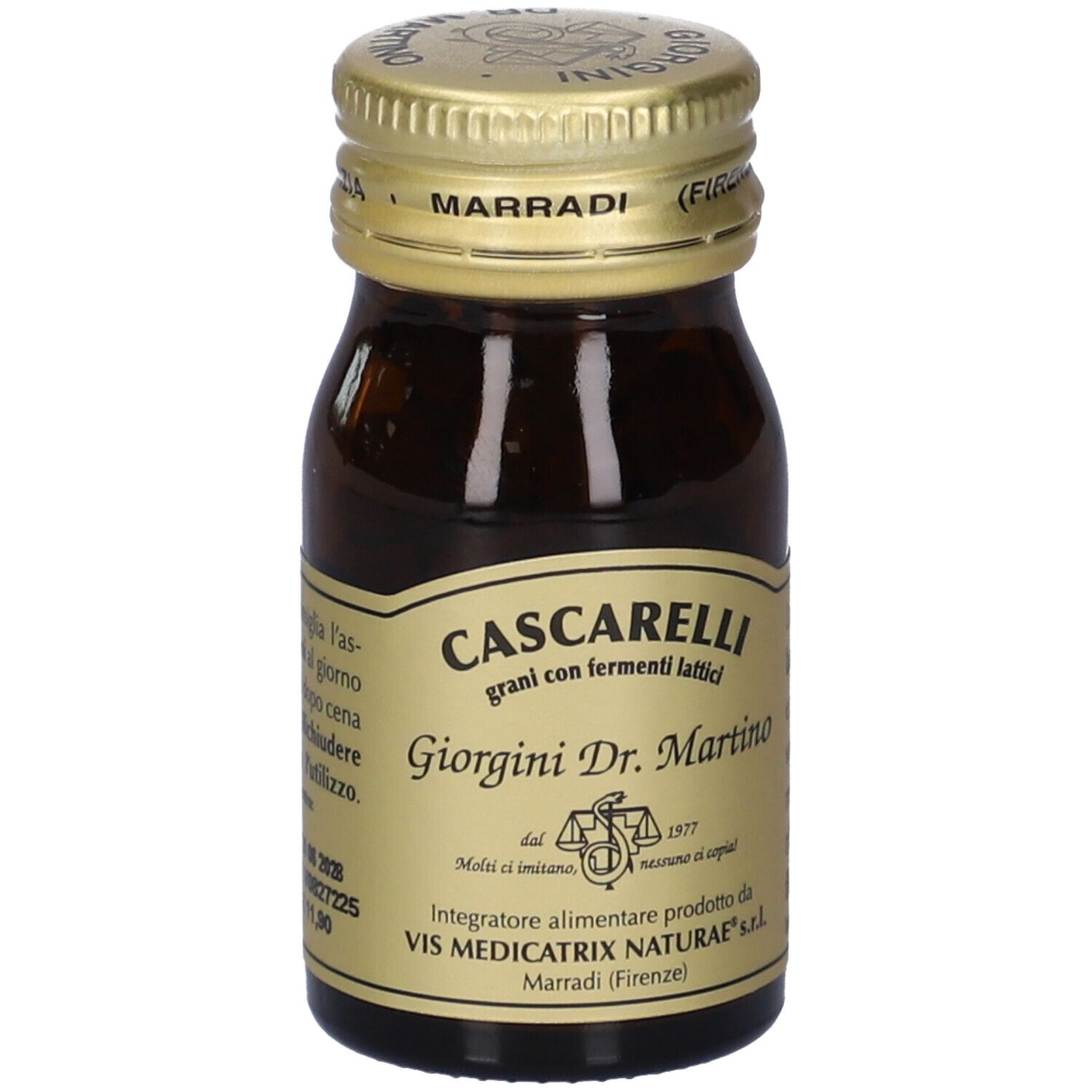 Flacone di vetro marrone con tappo dorato. Scritta: Cascarelli Grani con fermenti lattici, Giorgini Dr. Martino.