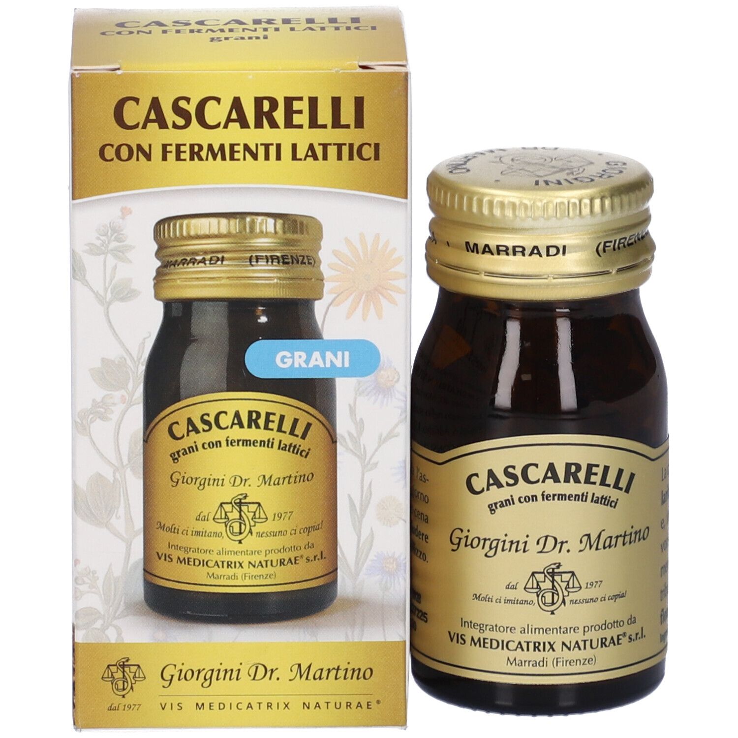 Prodotto Cascarelli con confezione. Flacone marrone con tappo dorato e scatola.