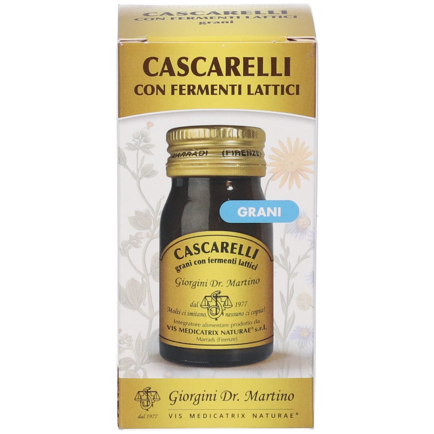 Prodotto Cascarelli con confezione. Flacone marrone con tappo dorato e scatola.