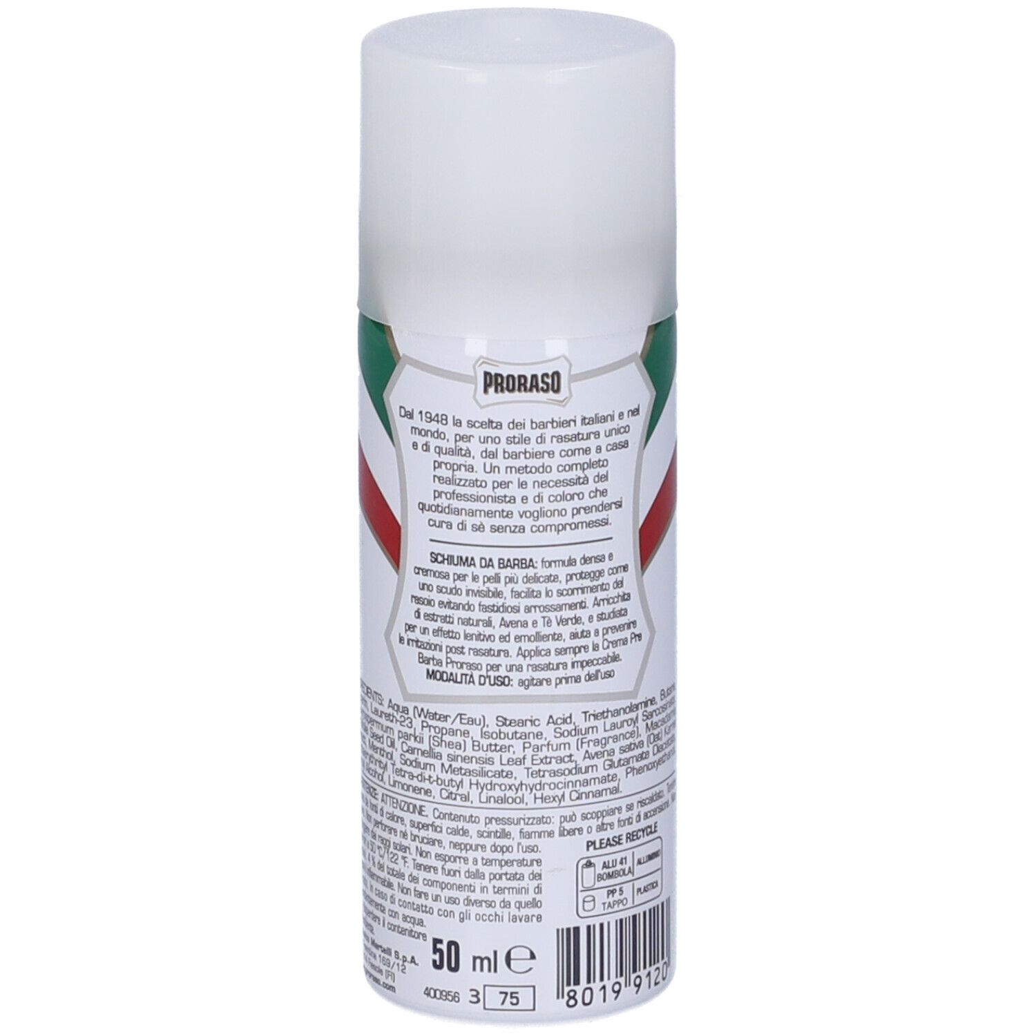 Bomboletta bianca con logo verde e rosso. Testo: Schiuma da Barba, 50 ml. Testo in italiano. Codice a barre.