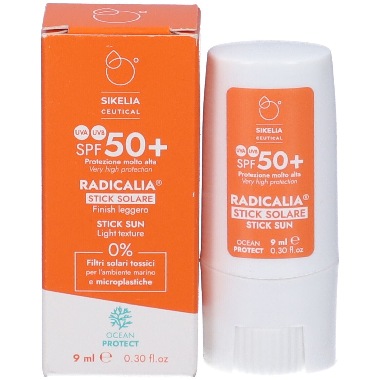 Stick solare e scatola. Arancione e bianco, con SPF 50+ e il nome Radicalia Stick Solare. 9 ml.