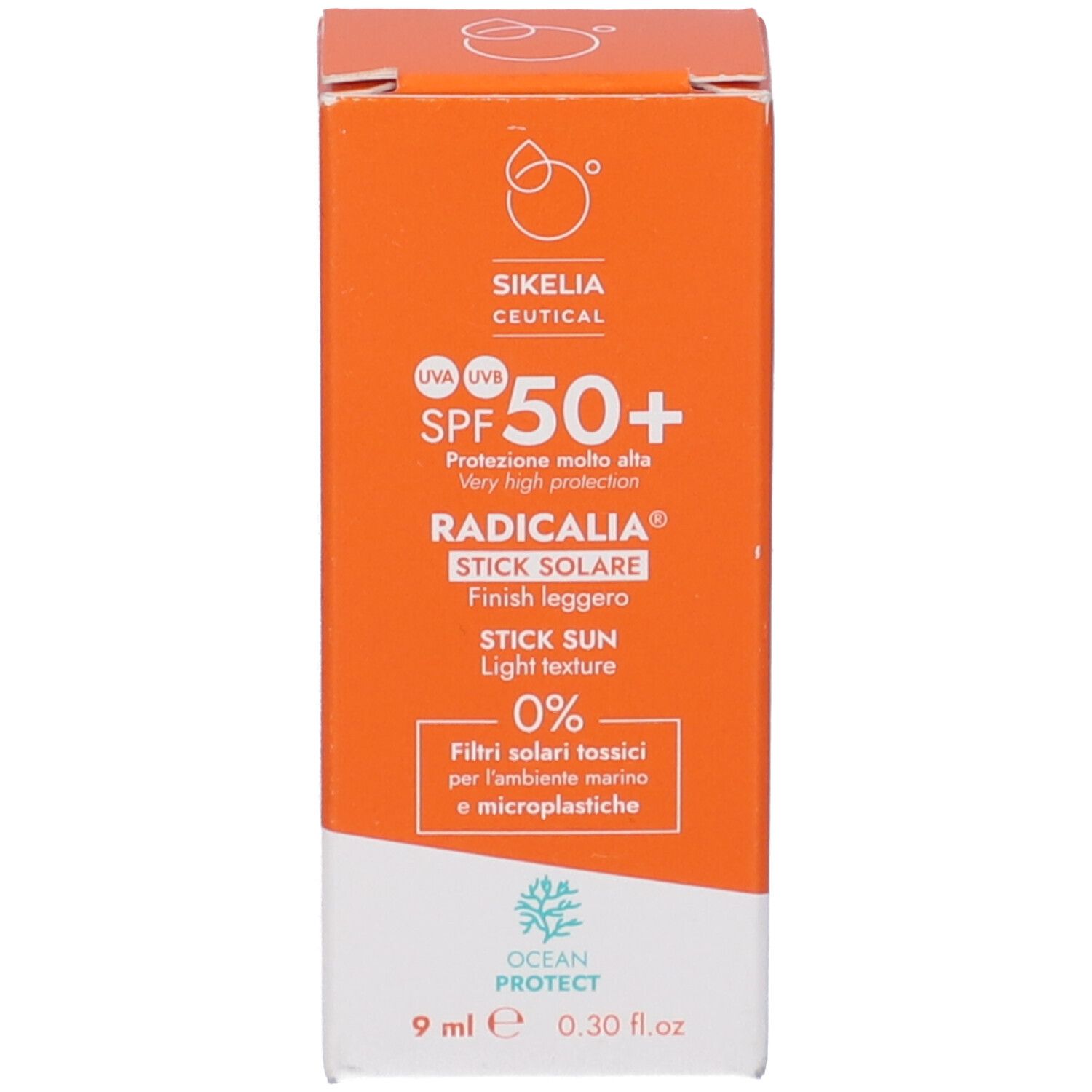 Scatola arancione con testo bianco. Contiene SPF 50+ e il nome Radicalia Stick Solare. 9 ml.