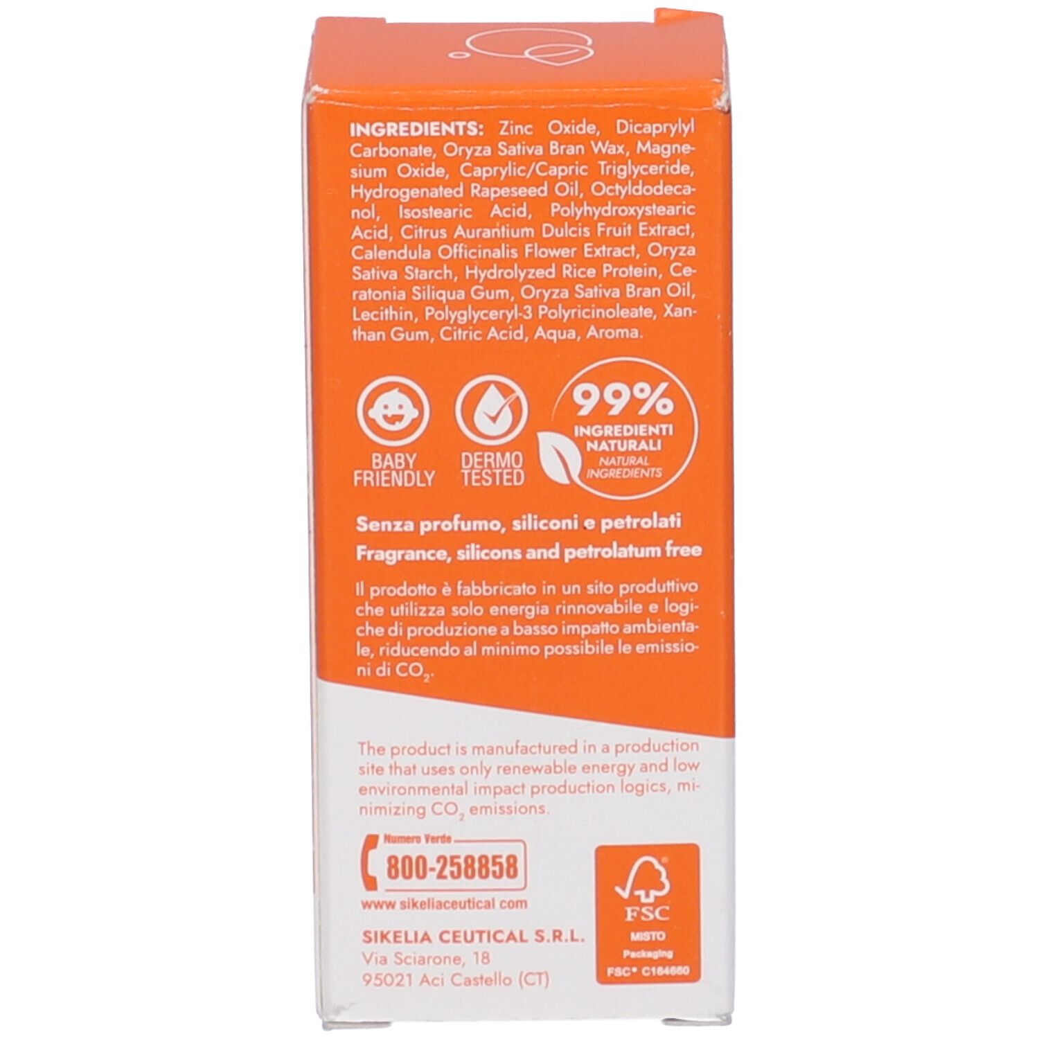 Retro della scatola con ingredienti. Contiene informazioni sugli ingredienti, Baby Friendly e 99% ingredienti naturali.