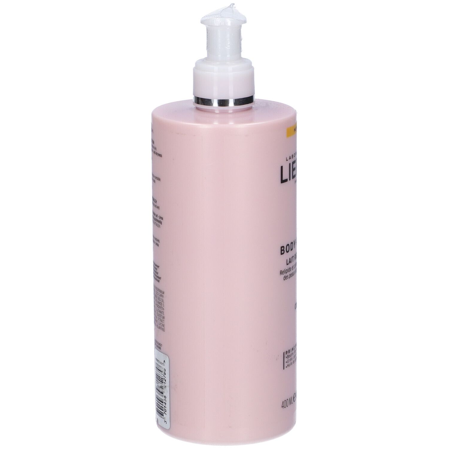 Flacone rosa con dosatore. Scritta: Lierac, Body-Nutri+. Testo sul retro. 400 ml.