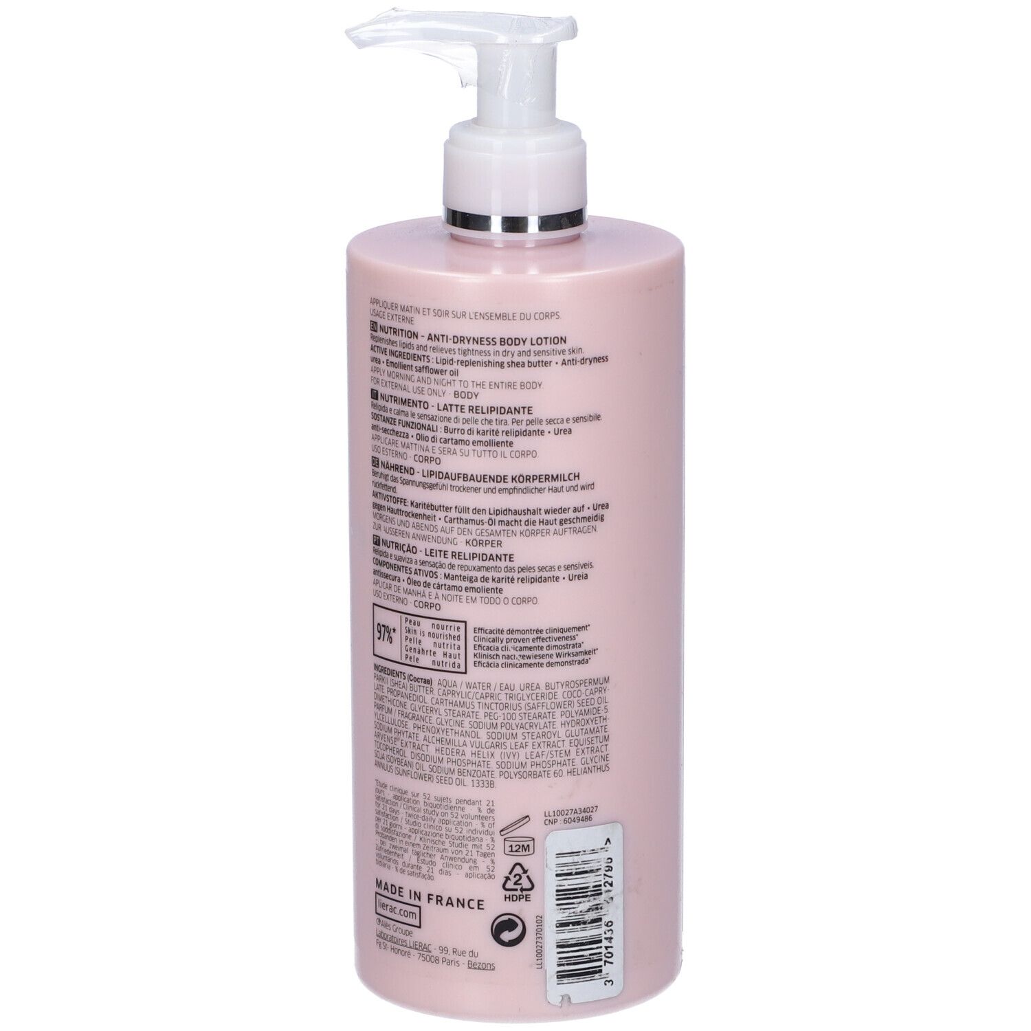 Flacone rosa con dosatore. Testo sul retro. Scritta: Lierac, Body-Nutri+. 400 ml.