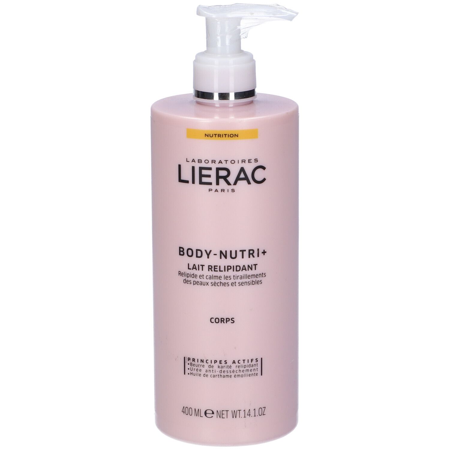 Flacone rosa con dosatore. Scritta: Lierac, Body-Nutri+, Lait Relipidant. 400 ml.