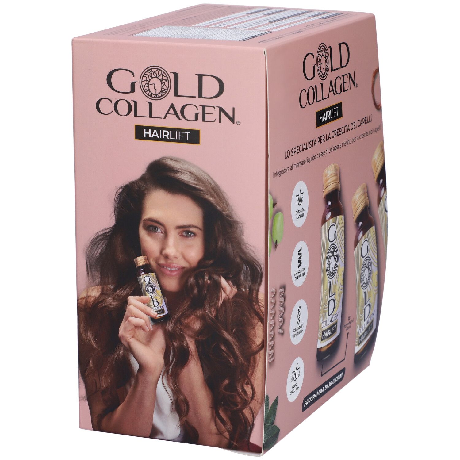 Scatola Gold Collagen HAIRLIFT con donna che tiene una bottiglia. Scritta: 'HAIRLIFT'. Contiene bottiglie di liquido.