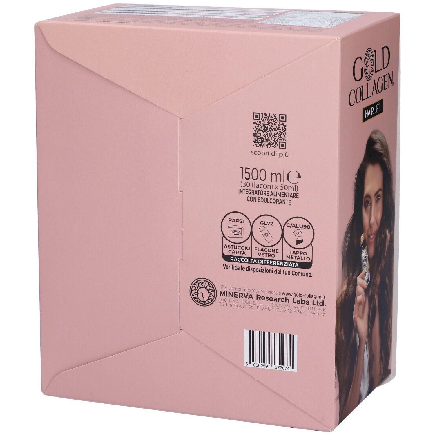 Retro della scatola Gold Collagen HAIRLIFT. Contiene informazioni sugli ingredienti e il marchio. Codice QR e codice a barre.