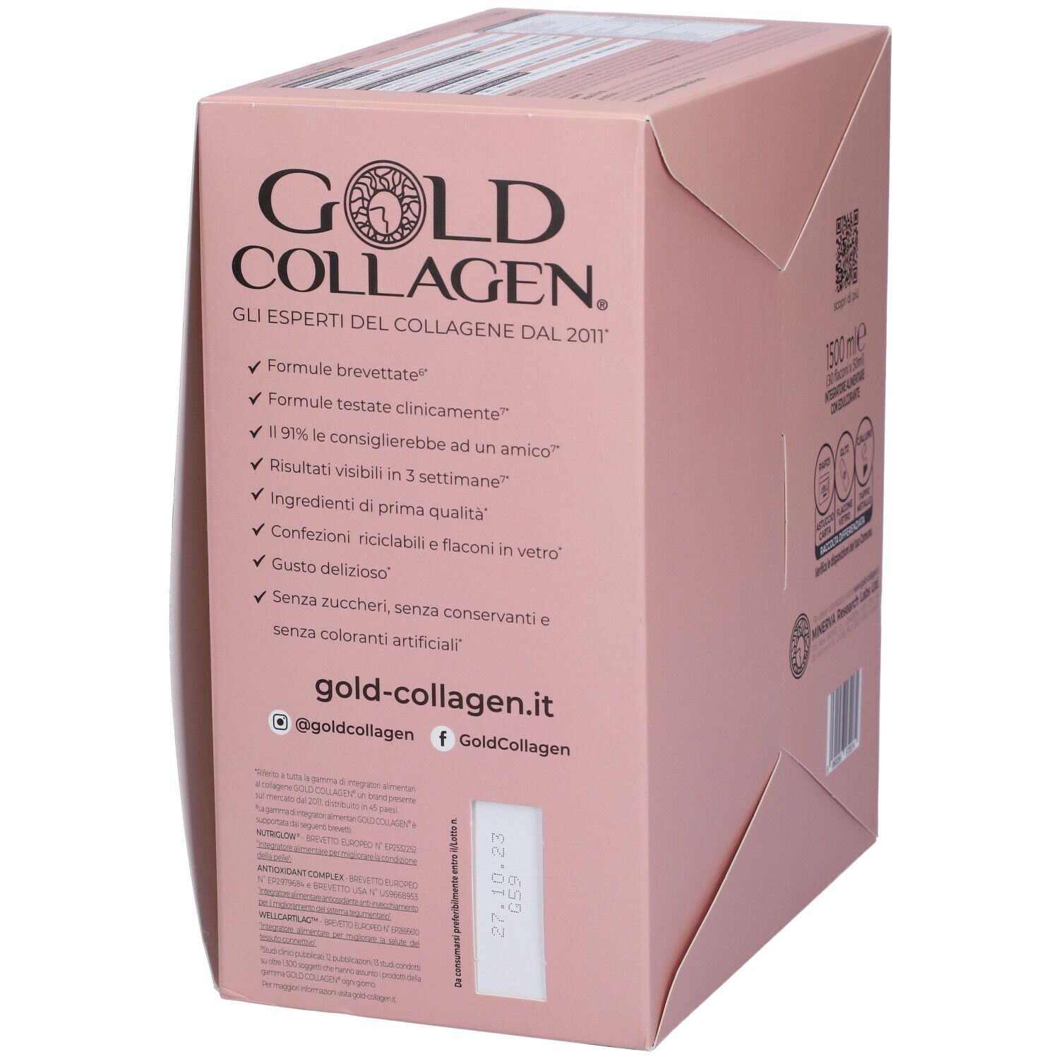 Lato della scatola Gold Collagen HAIRLIFT. Contiene informazioni sul marchio e i benefici del prodotto. Scritta: 'gold-collagen.it'.