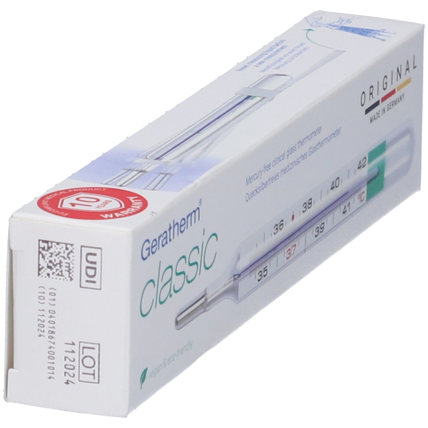Confezione con termometro. Scritte: Geratherm classic, ORIGINAL, senza mercurio. Data di scadenza.
