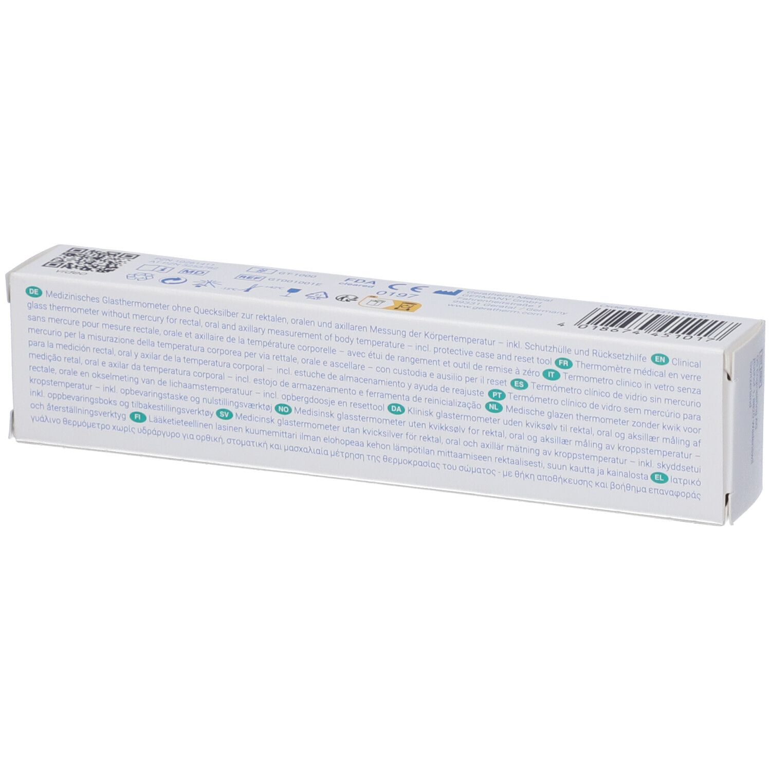 Retro della confezione. Testo multilingue. Scritte: marchio CE, MD.