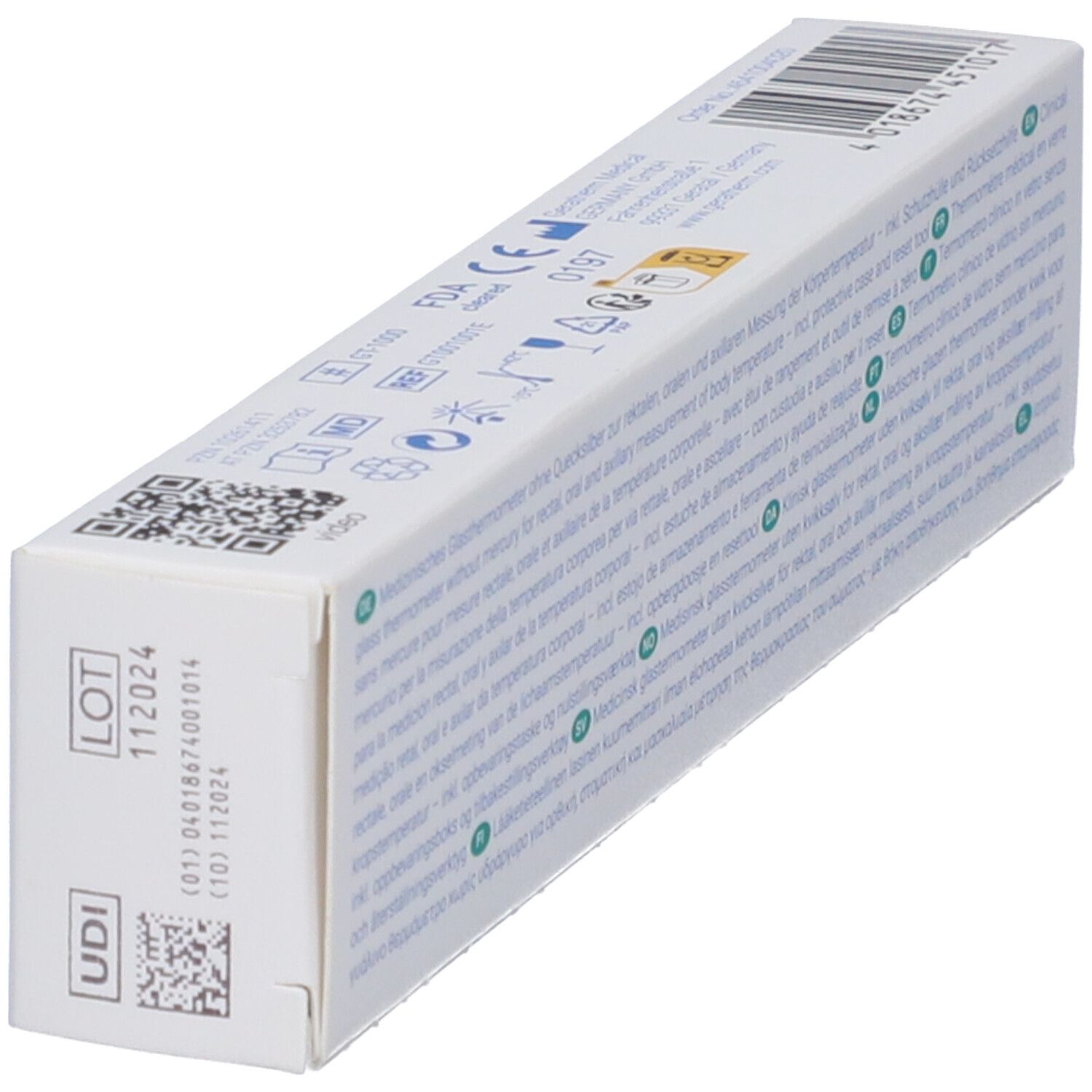 Confezione in diagonale. Scritte: marchio CE, MD. Codice QR. Data di scadenza.