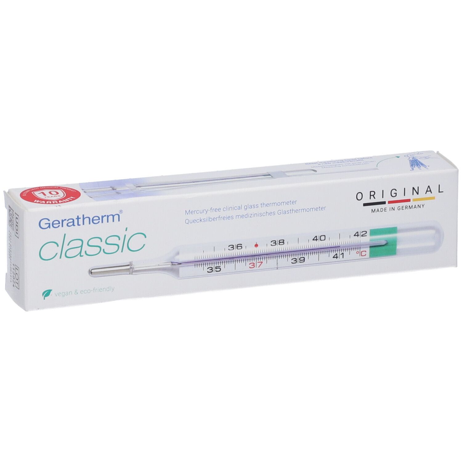Termometro nella confezione. Scritte: Geratherm classic, ORIGINAL, senza mercurio.