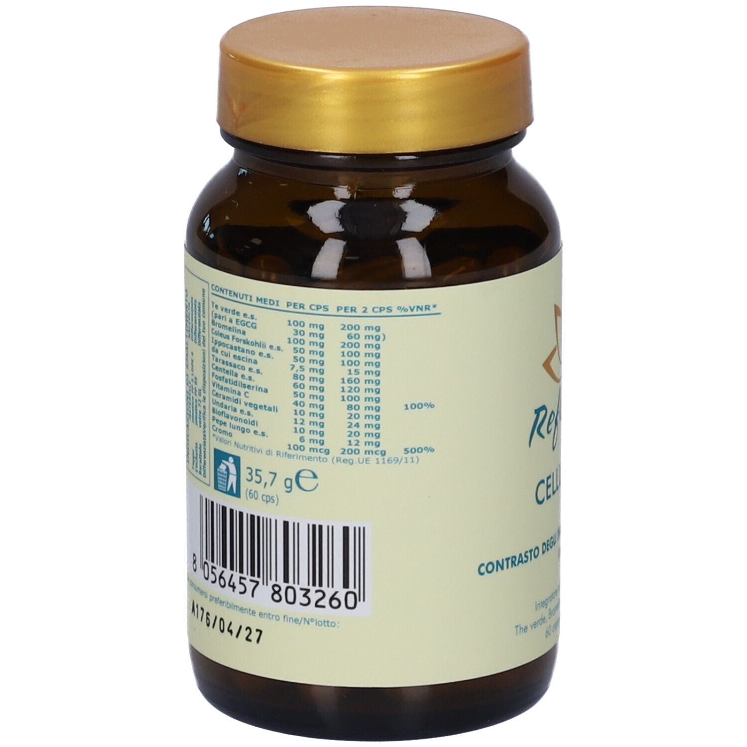 Retro del flacone. Etichetta con ingredienti, informazioni nutrizionali e codice a barre. Peso: 35,7 g.