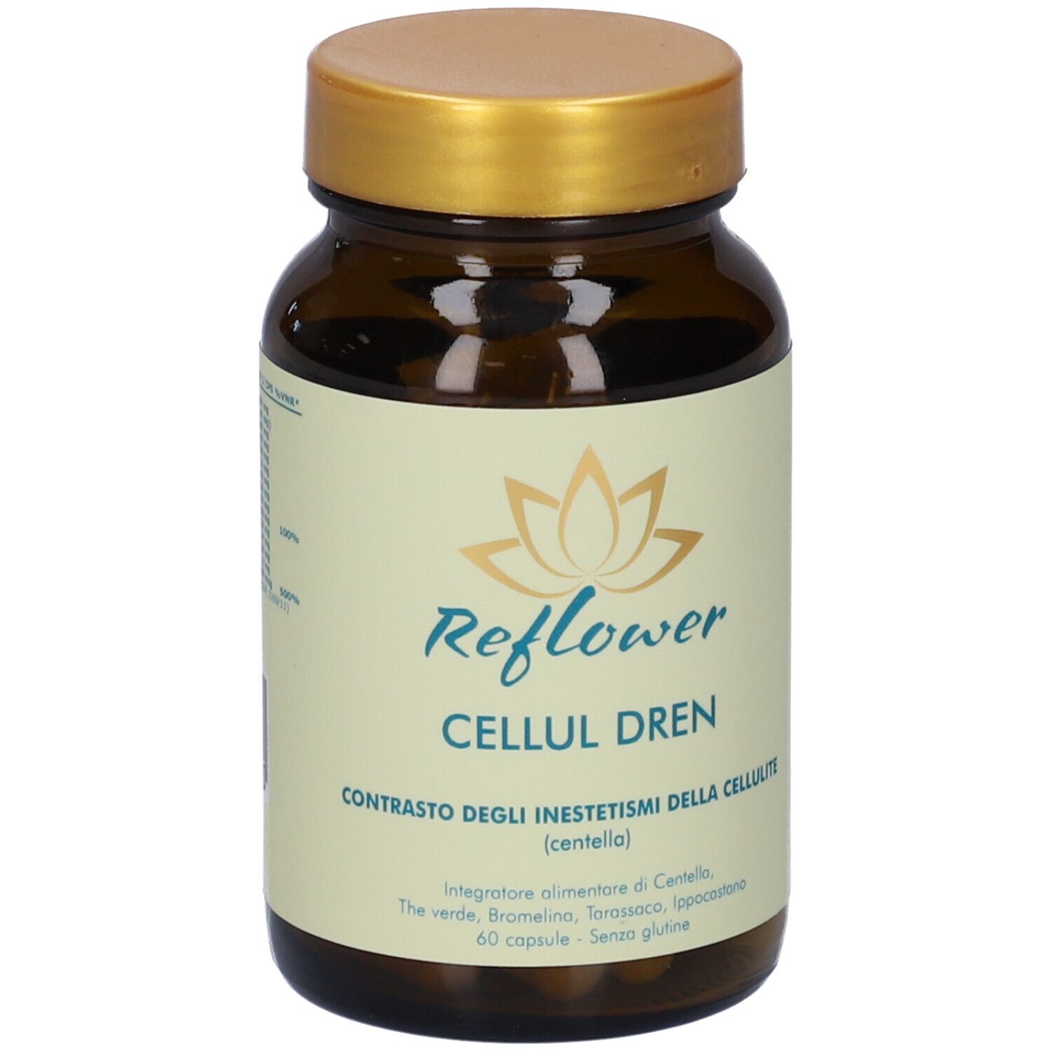 Flacone di vetro marrone con tappo dorato. Etichetta con nome prodotto Reflower Cellul Dren e logo floreale.