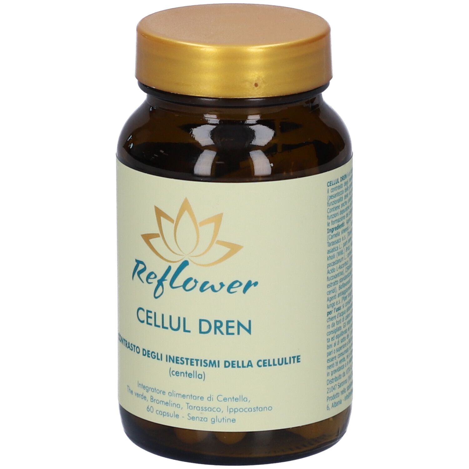 Flacone di vetro marrone con tappo dorato. Etichetta con nome prodotto Reflower Cellul Dren e logo floreale.