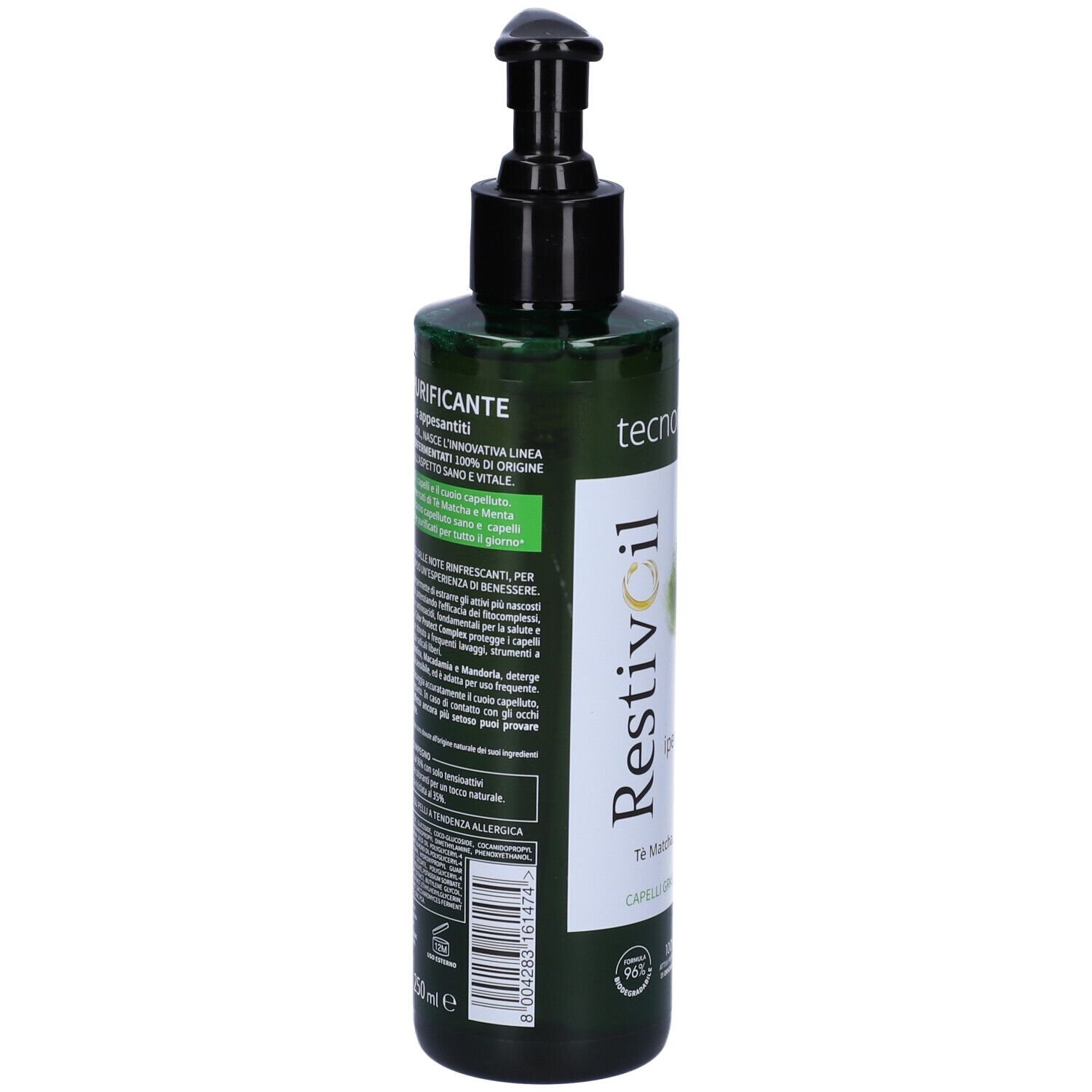 Flacone verde con dosatore nero. Scritte: Restivoil, Tecnonaturae, Infusi iperfermentati, Shampoo purificante.