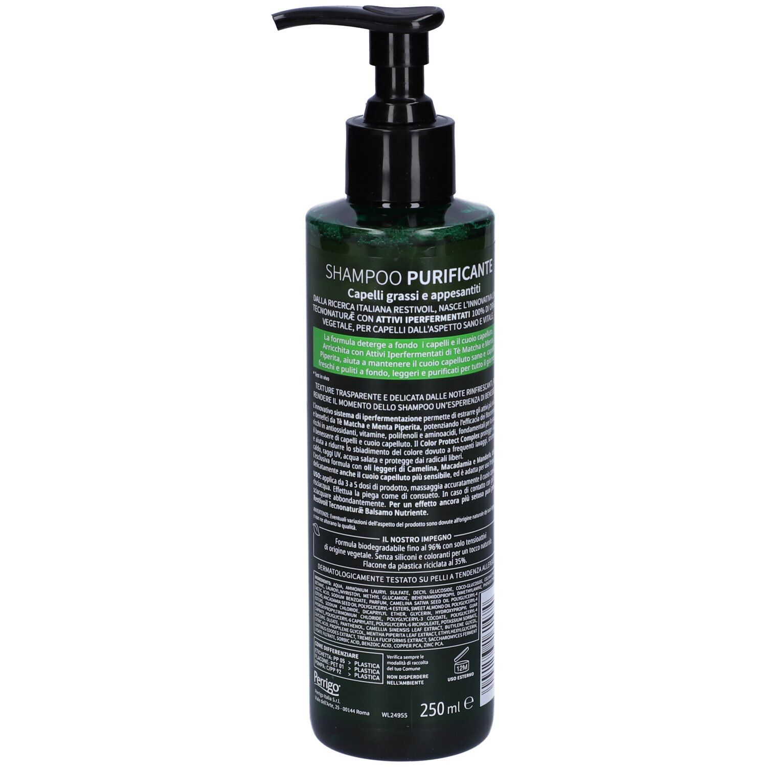 Flacone verde con dosatore nero. Scritte: Restivoil, Tecnonaturae, Infusi iperfermentati, Shampoo purificante.