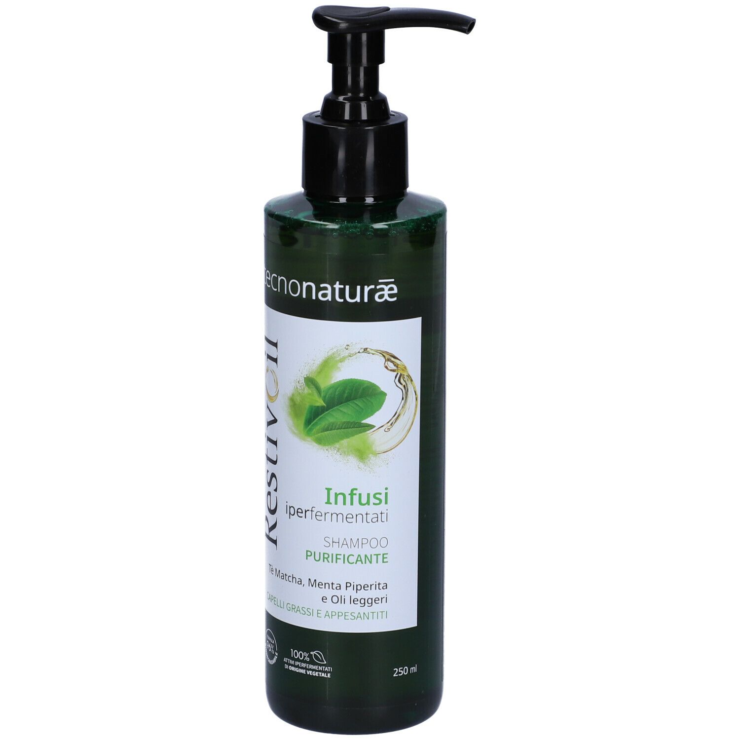 Flacone verde con dosatore nero. Scritte: Restivoil, Tecnonaturae, Infusi iperfermentati, Shampoo purificante.