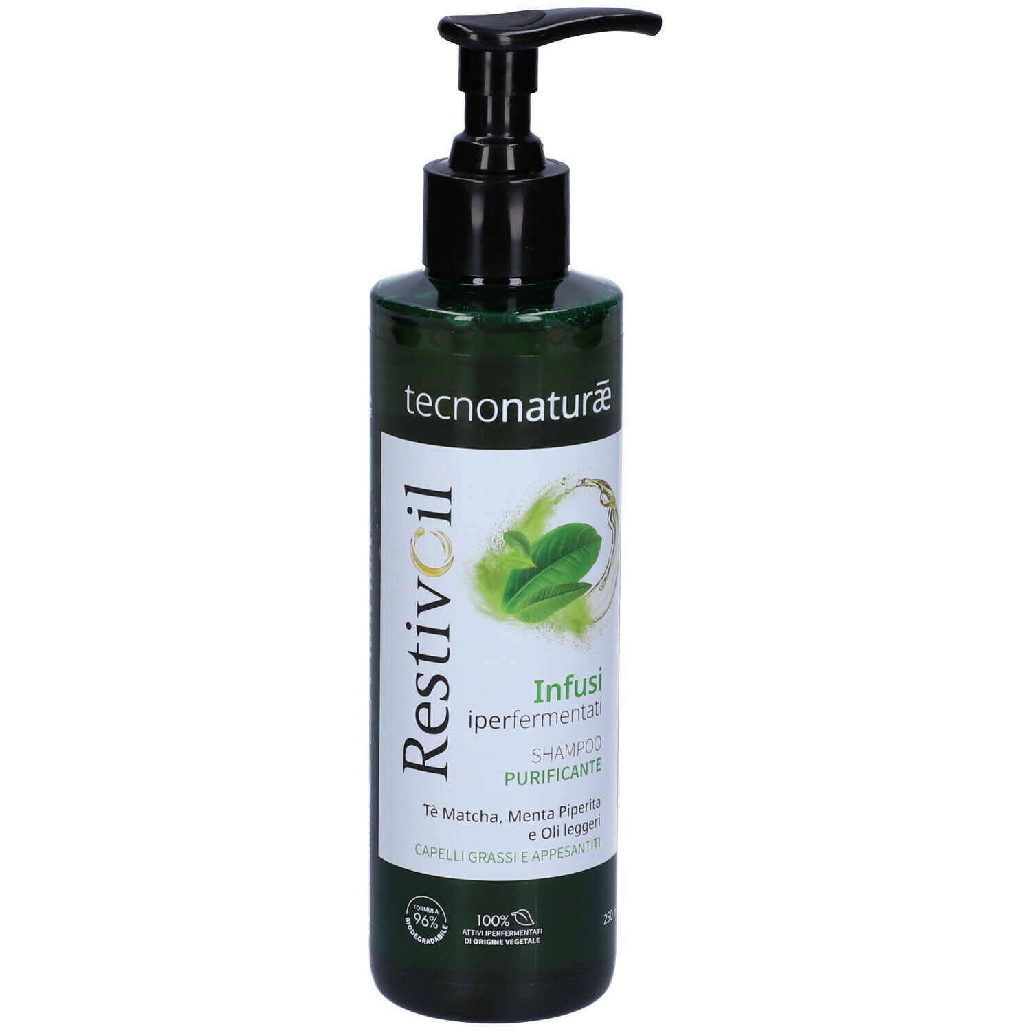 Flacone verde con dosatore nero. Scritte: Restivoil, Tecnonaturae, Infusi iperfermentati, Shampoo purificante.