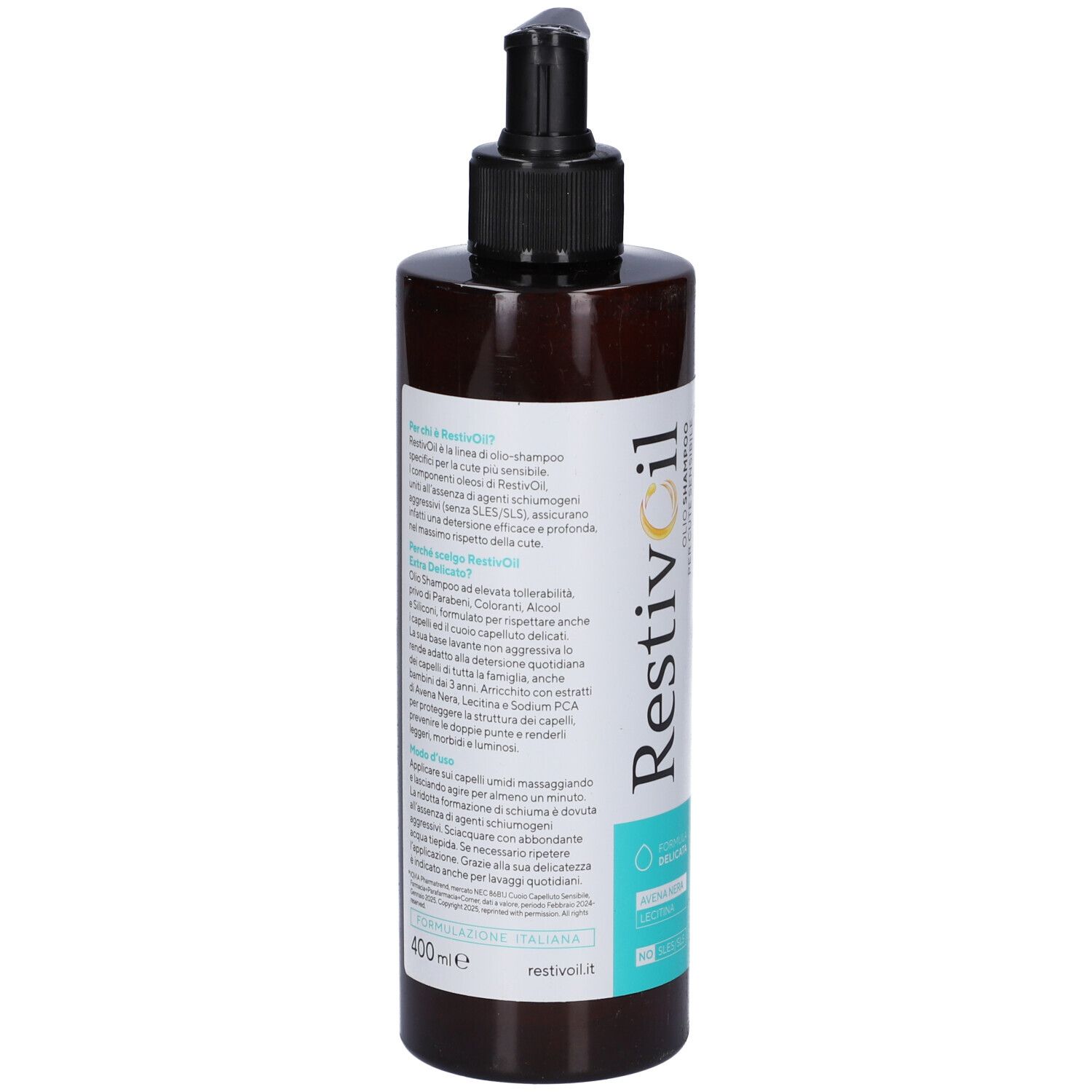 Retro della bottiglia Restivoil Extra Delicato Olio-Shampoo con informazioni sul prodotto e indicazione 400 ml.