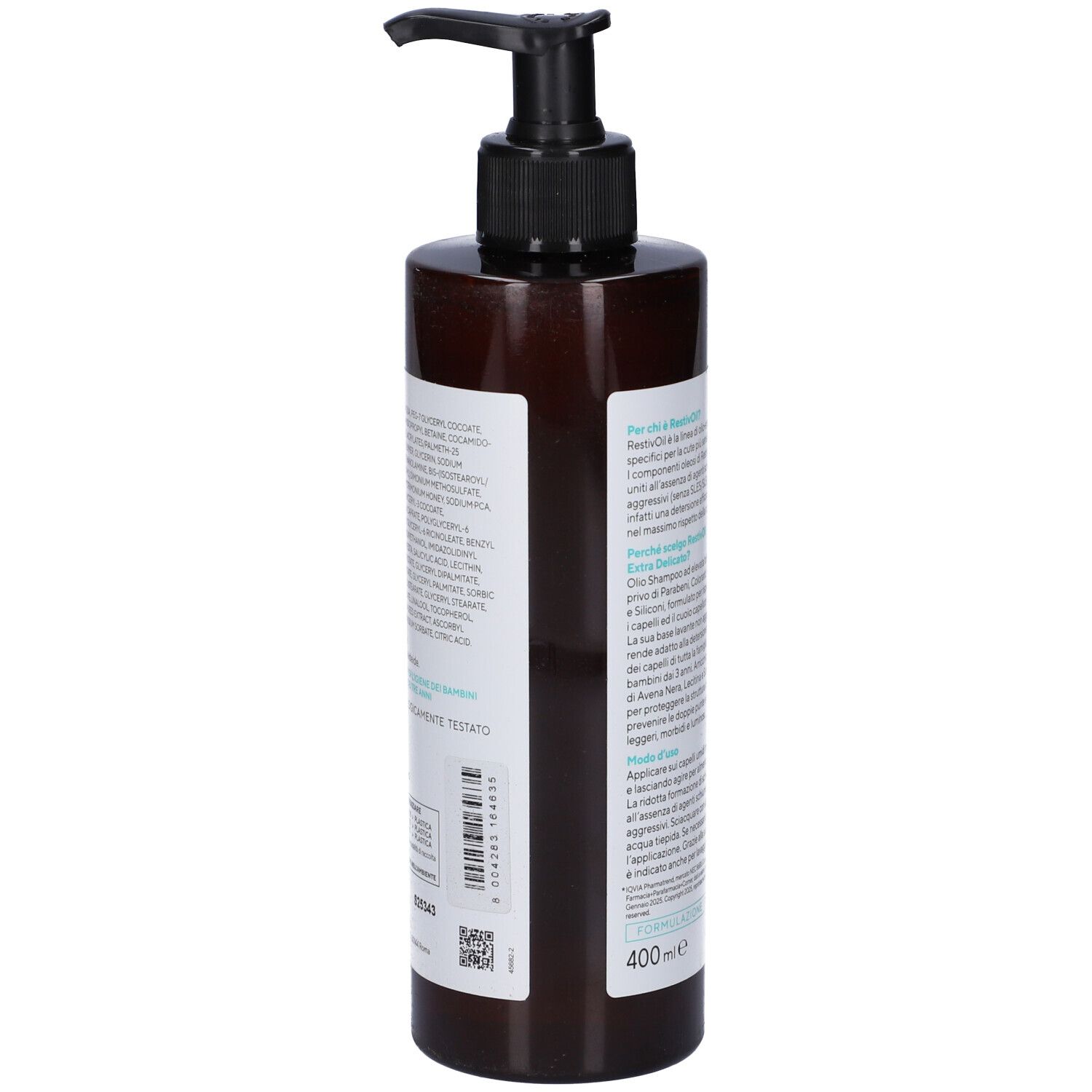 Vista laterale della bottiglia Restivoil Extra Delicato Olio-Shampoo con erogatore.