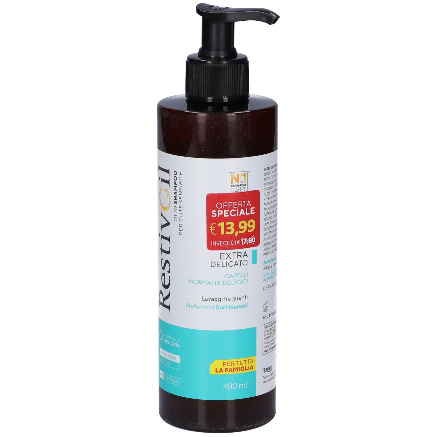 Flacone Restivoil Extra Delicato Olio-Shampoo con erogatore, 400 ml, con adesivo offerta speciale.