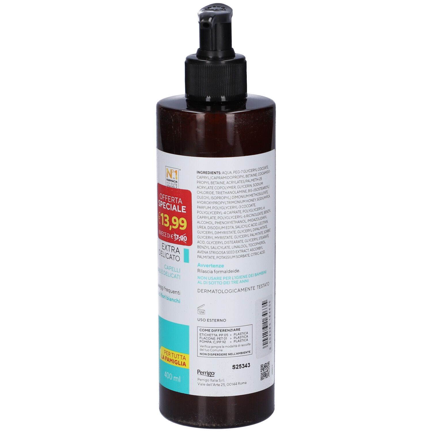 Retro della bottiglia Restivoil Extra Delicato Olio-Shampoo con ingredienti e adesivo offerta speciale.