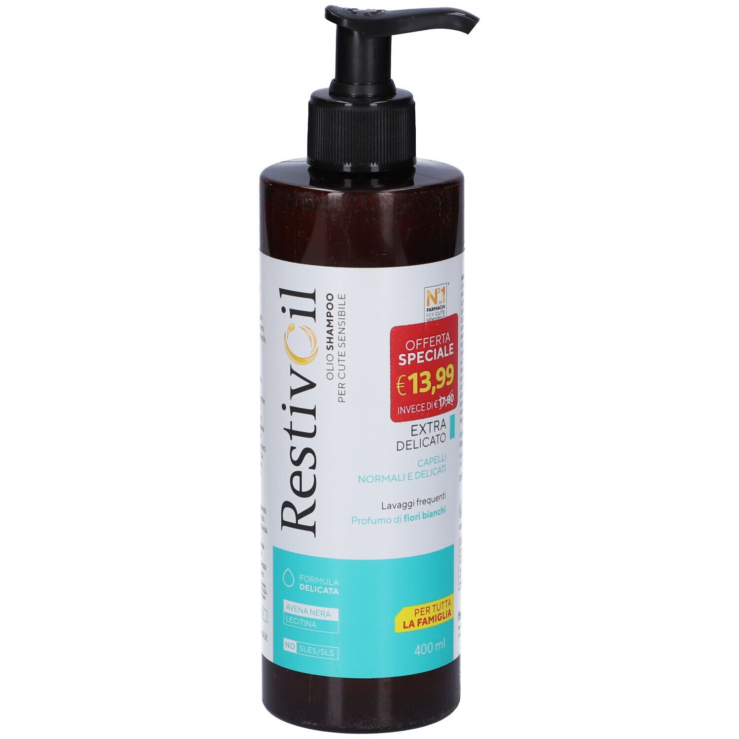 Flacone Restivoil Extra Delicato Olio-Shampoo con erogatore, 400 ml, con adesivo offerta speciale.