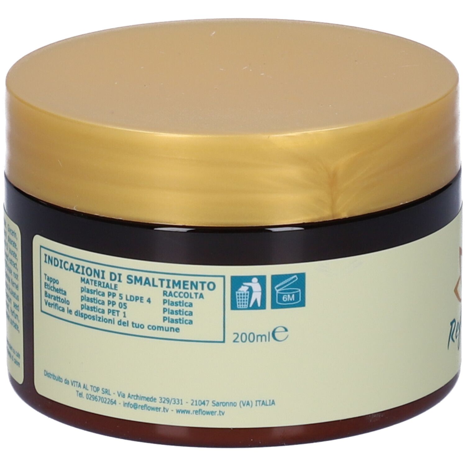 Barattolo marrone con coperchio dorato. Scritta: CELLUL DREN CREAM. Logo: Reflower. Testo: Crema corpo.