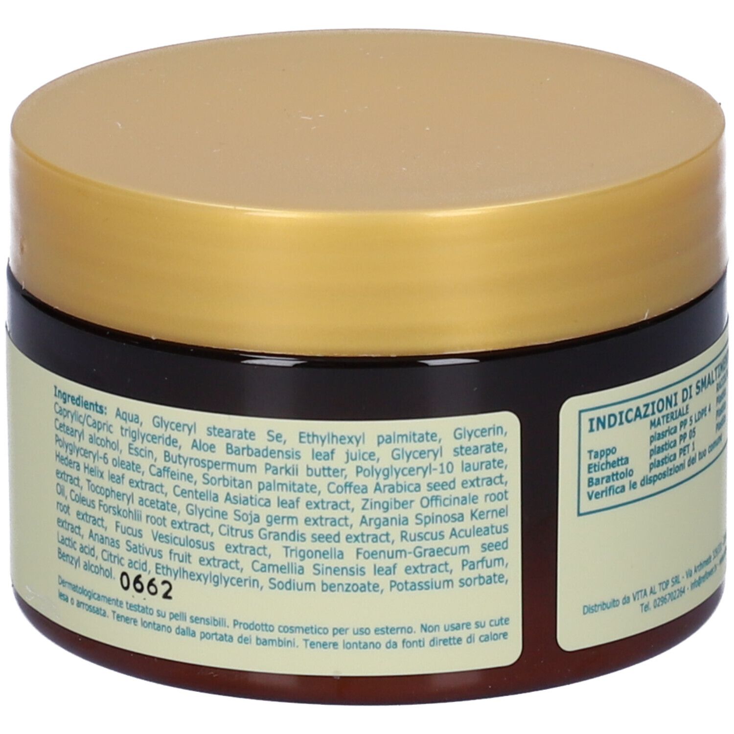 Barattolo marrone con coperchio dorato. Scritta: CELLUL DREN CREAM. Logo: Reflower. Testo: Crema corpo.