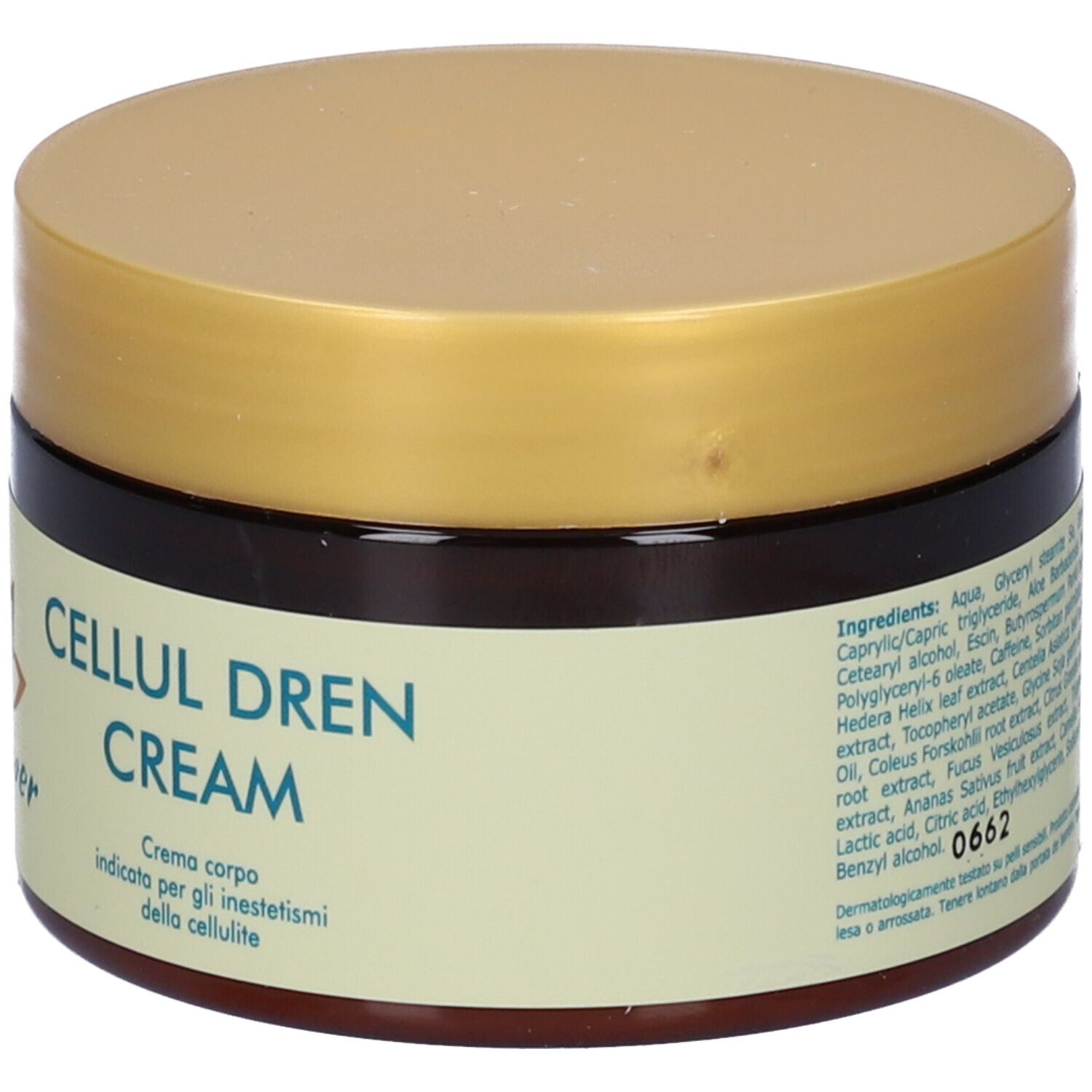 Barattolo marrone con coperchio dorato. Scritta: CELLUL DREN CREAM. Logo: Reflower. Testo: Crema corpo.
