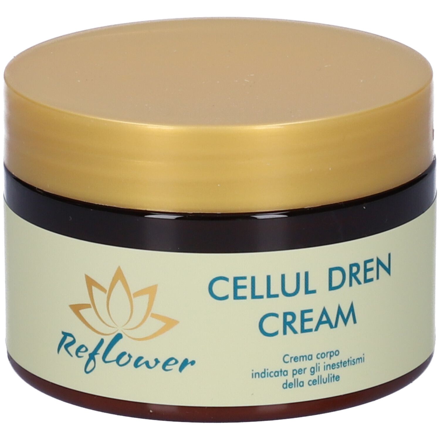 Barattolo marrone con coperchio dorato. Scritta: CELLUL DREN CREAM. Logo: Reflower. Testo: Crema corpo.