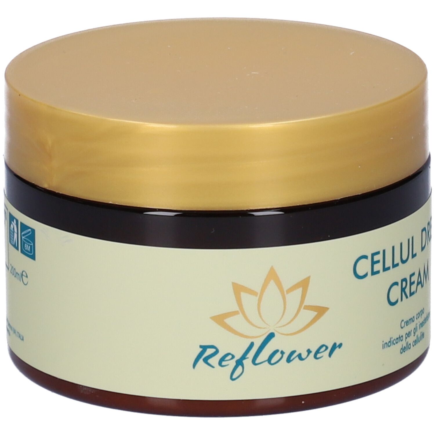 Barattolo marrone con coperchio dorato. Scritta: CELLUL DREN CREAM. Logo: Reflower. Testo: Crema corpo.