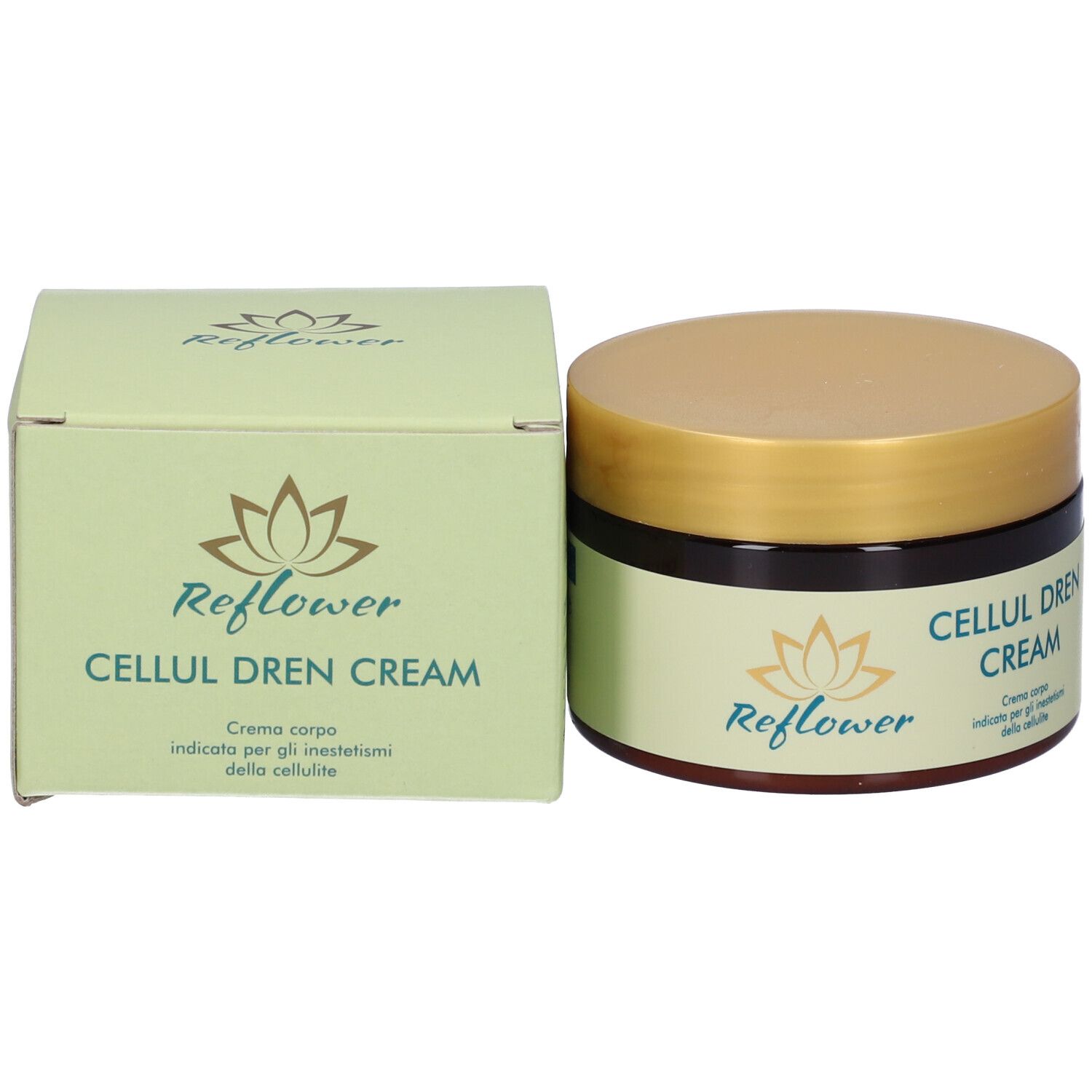Barattolo e scatola. Scritta: CELLUL DREN CREAM. Logo: Reflower. Testo: Crema corpo.