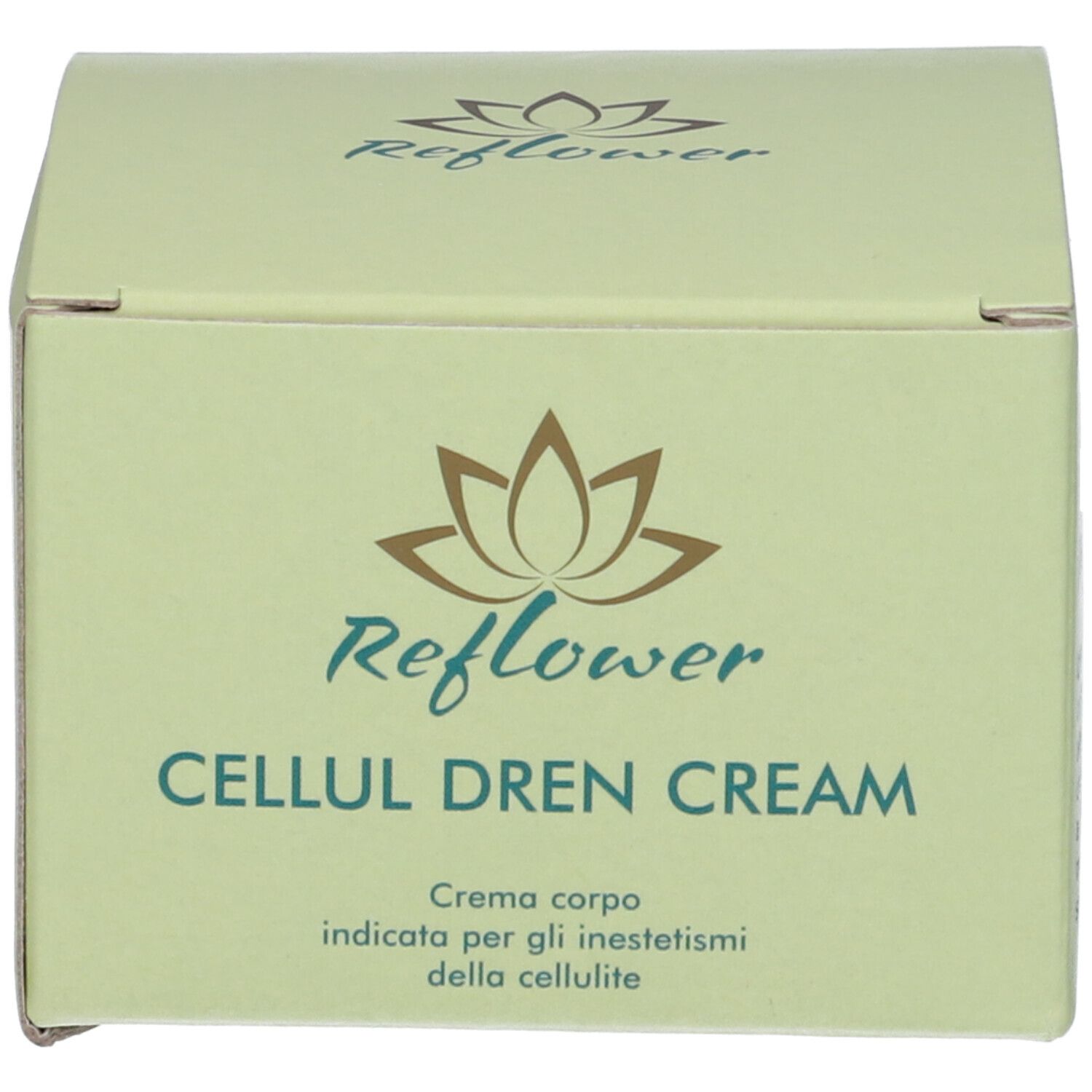 Scatola verde. Scritta: CELLUL DREN CREAM. Logo: Reflower. Testo: Crema corpo.