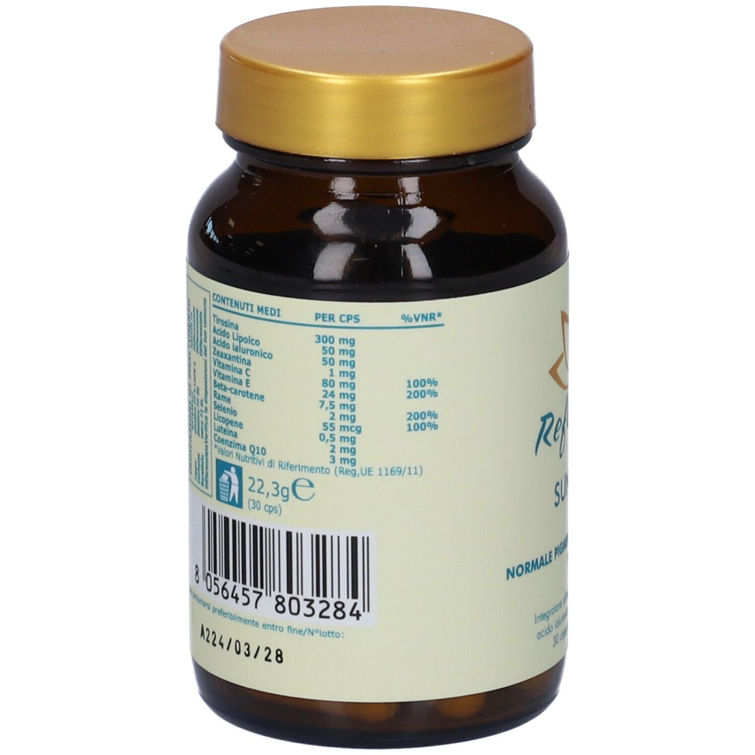 Retro del flacone. Contiene informazioni nutrizionali per capsula. Codice a barre e data di scadenza. "Reflower Sun Skin".