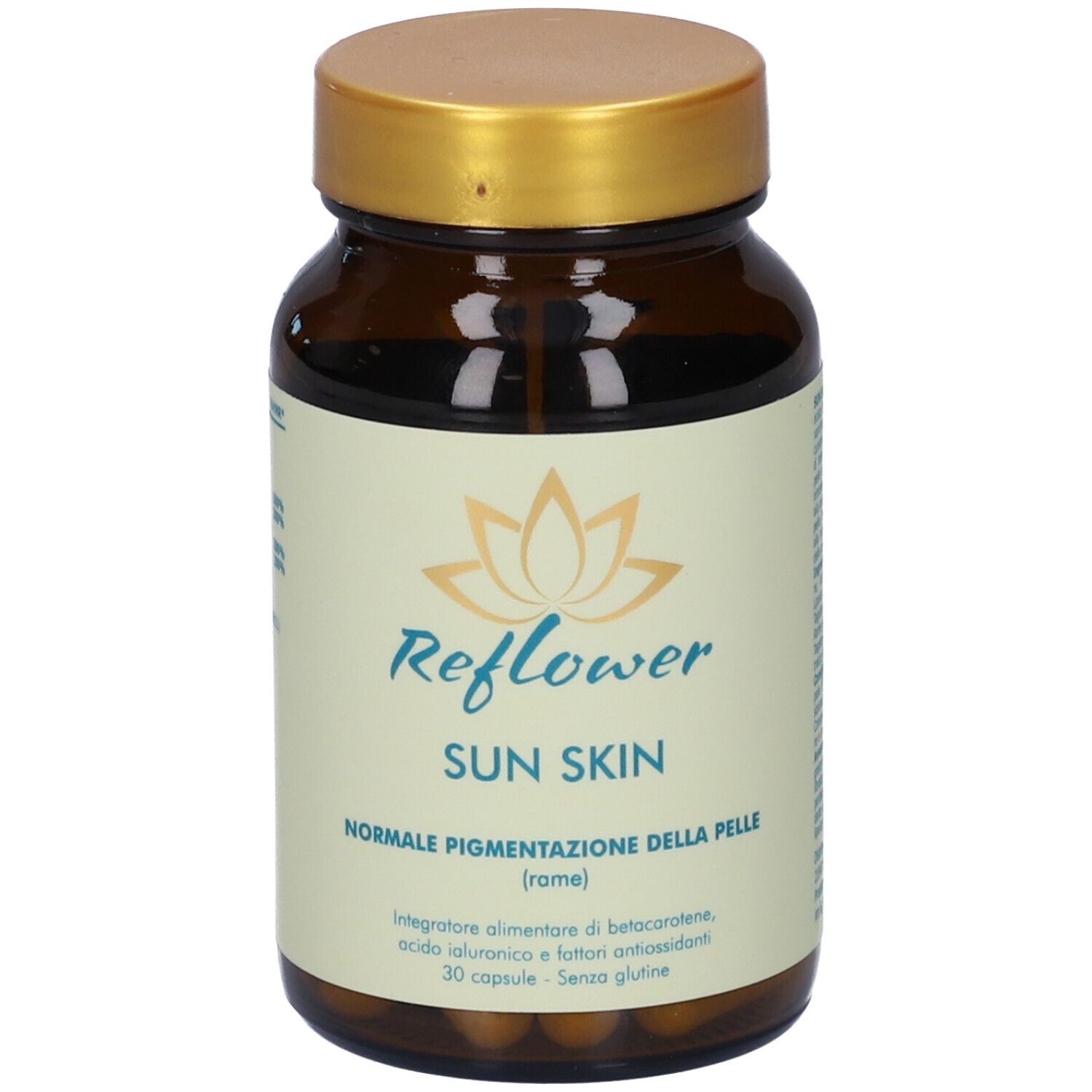 Flacone di vetro marrone con tappo dorato. Etichetta "Reflower Sun Skin". Contiene 30 capsule, senza glutine. Informazioni.