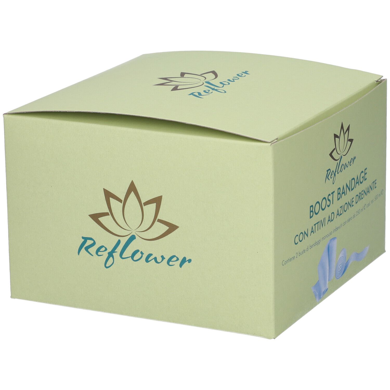 Scatola verde chiaro con logo "Reflower" e "Boost Bandage". Vista laterale.