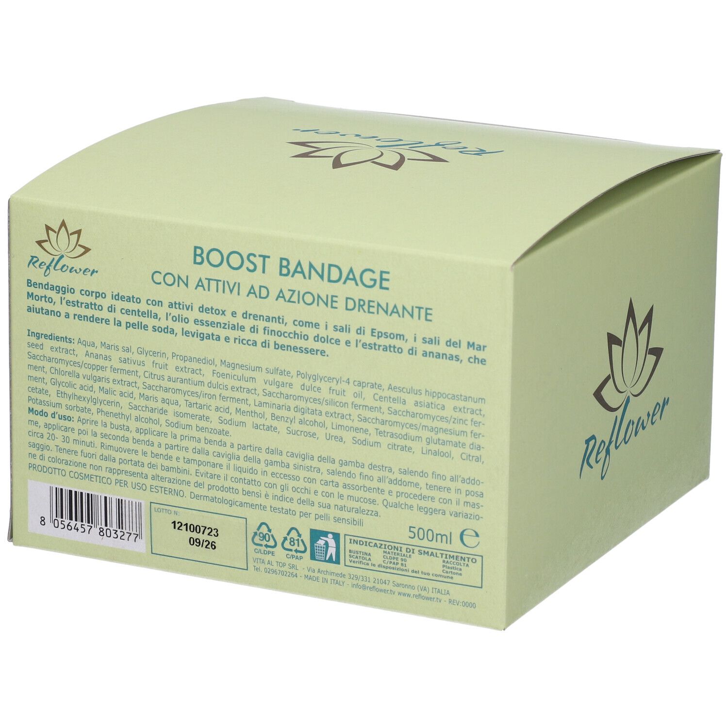 Scatola verde chiaro con testo. Retro con ingredienti e loghi. "Boost Bandage" leggibile.