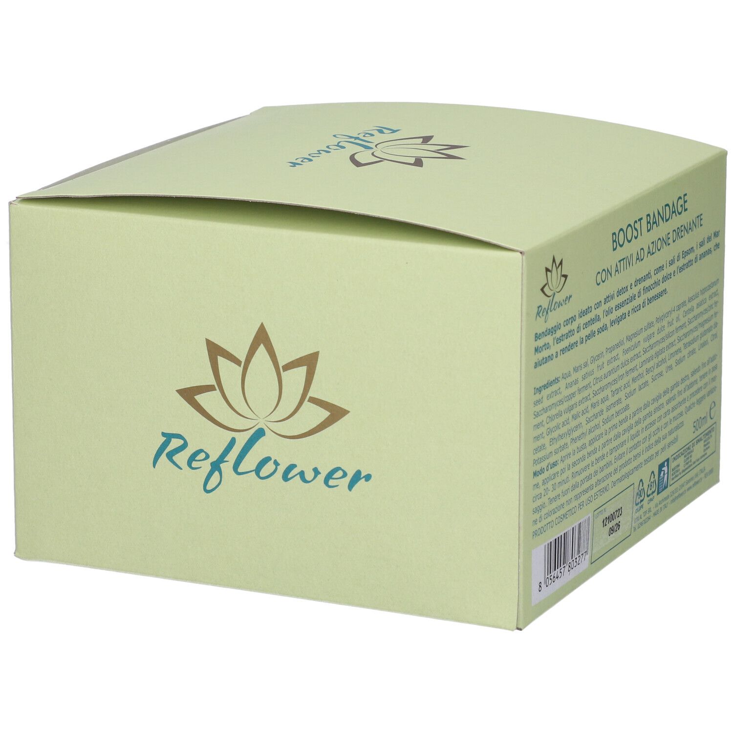 Scatola verde chiaro con logo "Reflower" e testo. "Boost Bandage" leggibile. Vista laterale.