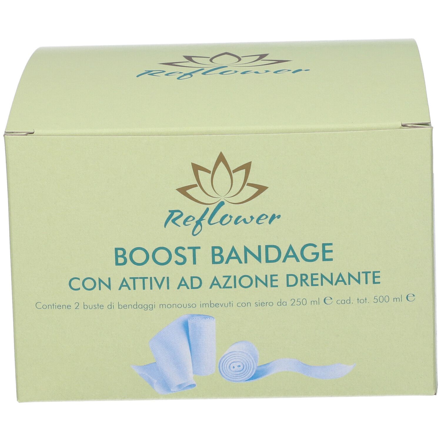 Scatola verde chiaro con "Reflower Boost Bandage". Raffigurati due bendaggi blu.
