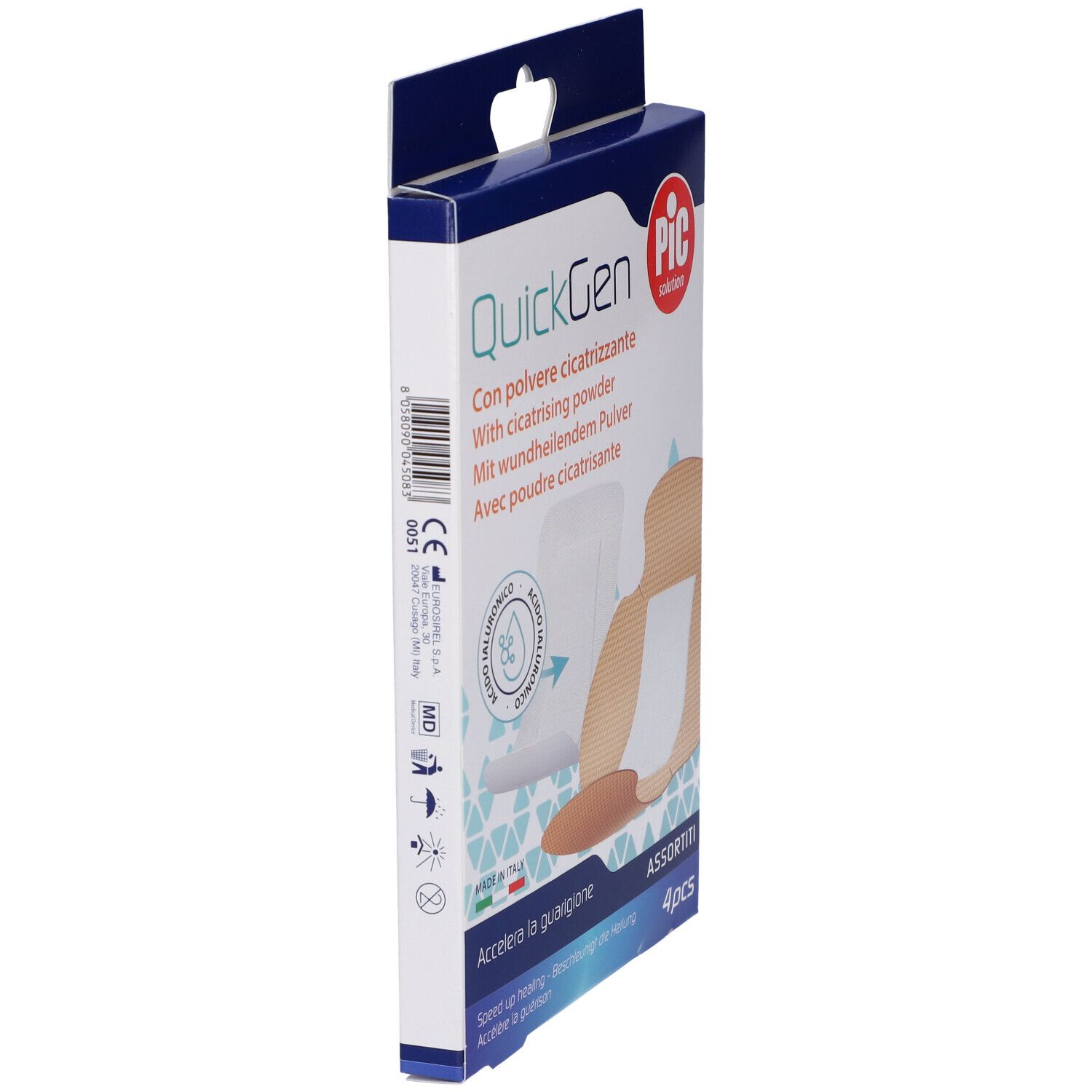 Confezione di cerotti QuickGen PIC solution, vista laterale. Con polvere cicatrizzante.