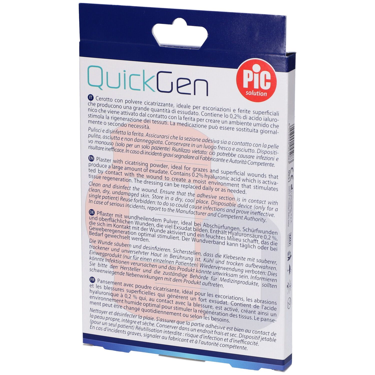 Retro della confezione con testo. QuickGen, PIC solution. Con polvere cicatrizzante. Testo multilingue.