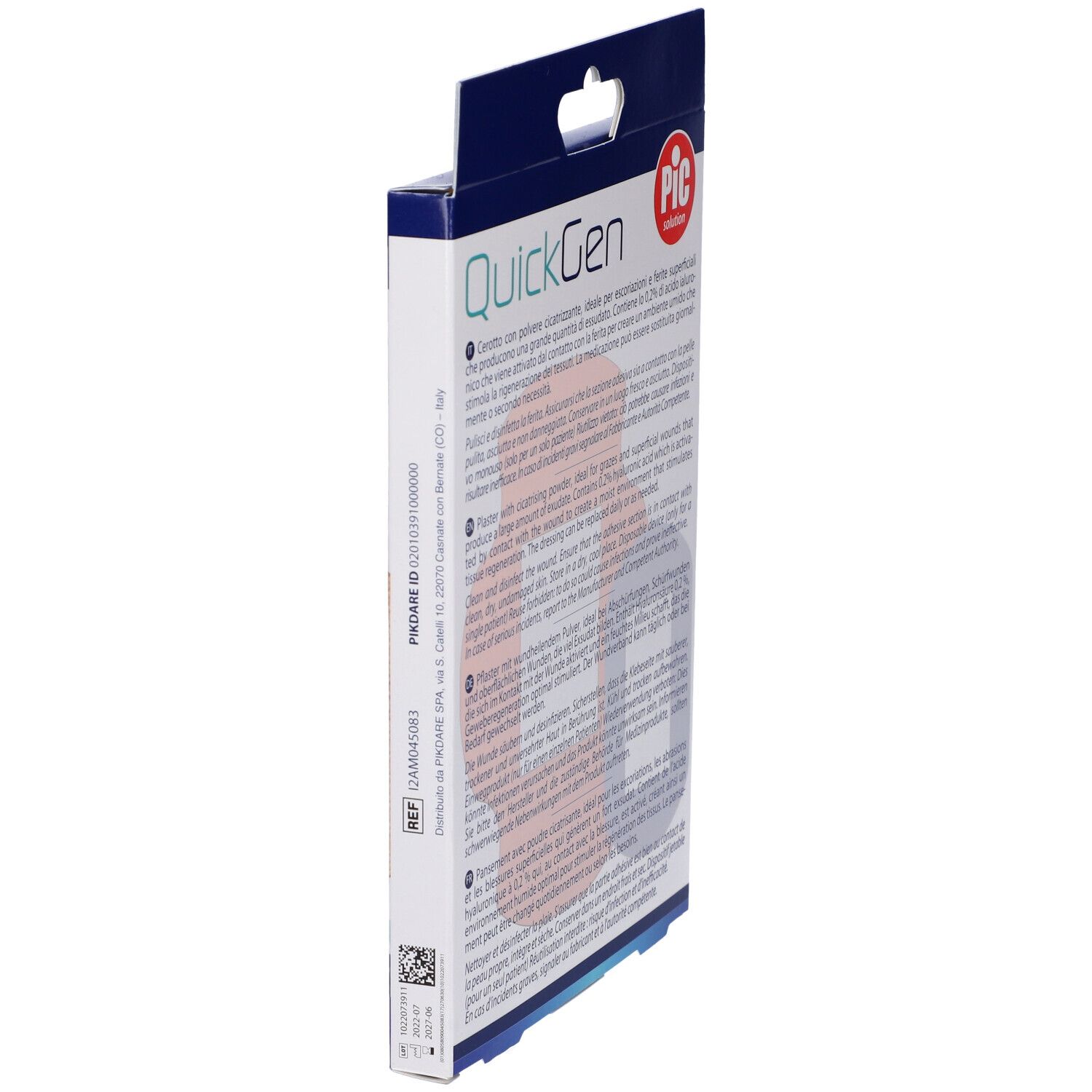 Vista laterale della confezione. QuickGen, PIC solution. Testo e codice a barre. Con polvere cicatrizzante.