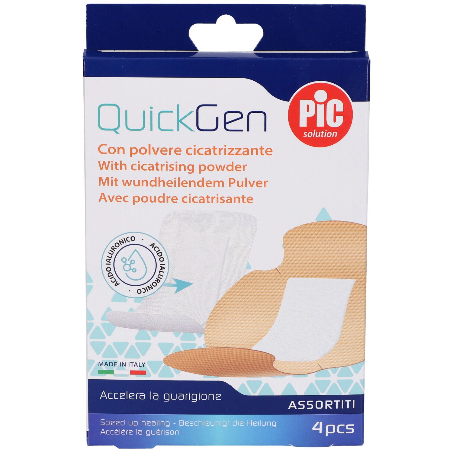 Confezione di cerotti QuickGen PIC solution. Contiene 4 pezzi. Con polvere cicatrizzante.