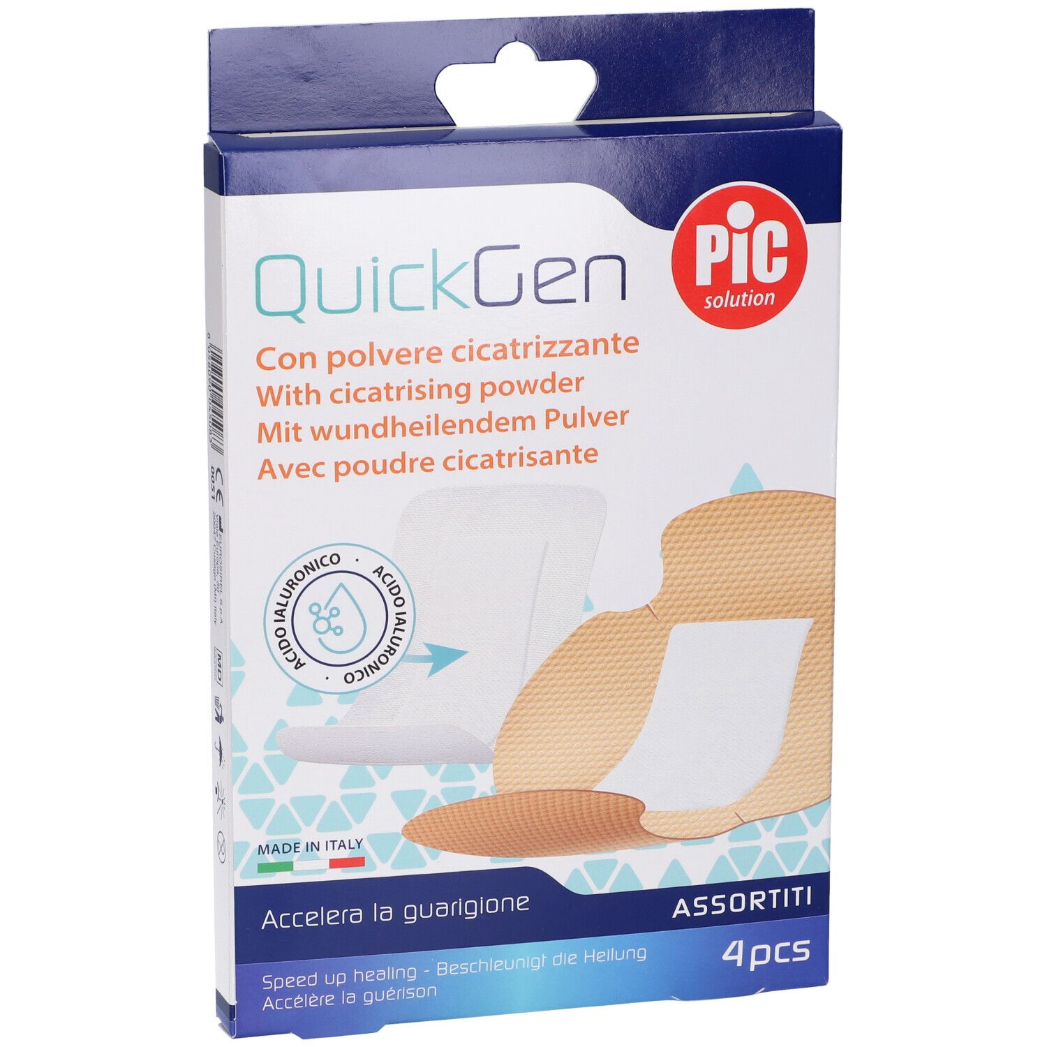 Confezione di cerotti QuickGen PIC solution. Contiene 4 pezzi. Con polvere cicatrizzante.