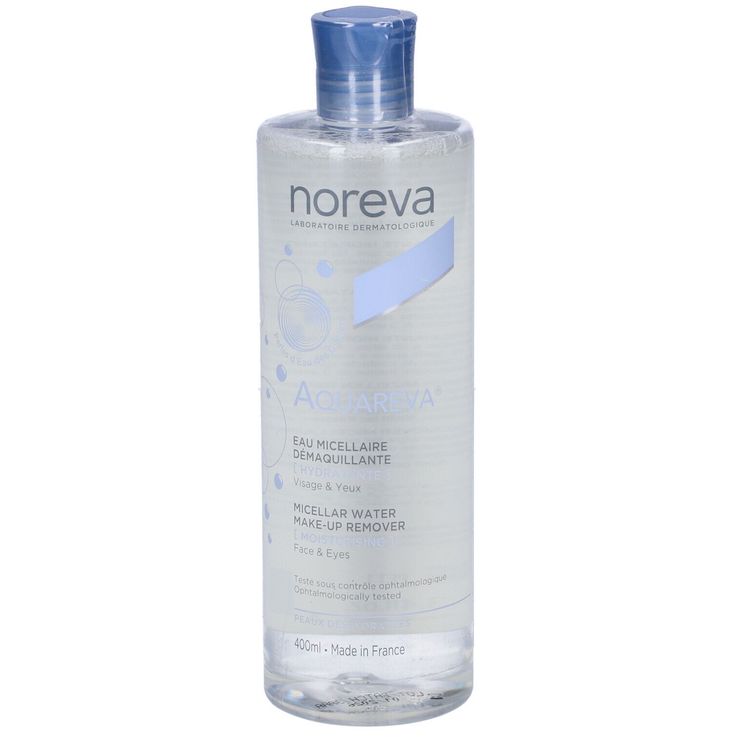 Flacone trasparente Noreva Aquareva, tappo blu. Scritta: Aquareva, Eau Micellaire Demaquillante, Visage & Yeux.