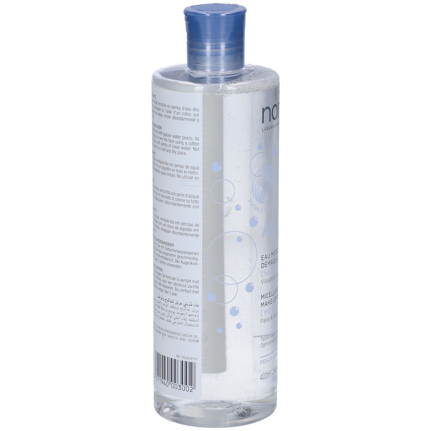 Retro del flacone Noreva Aquareva. Testo multilingue. Etichetta blu e bianca.