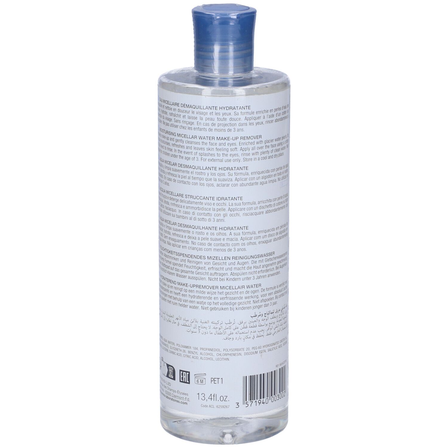 Retro del flacone Noreva Aquareva. Testo multilingue. Etichetta blu e bianca.